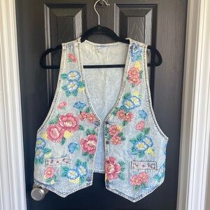 Vintage appliqué floral puff paint denim vest jacket-Size M